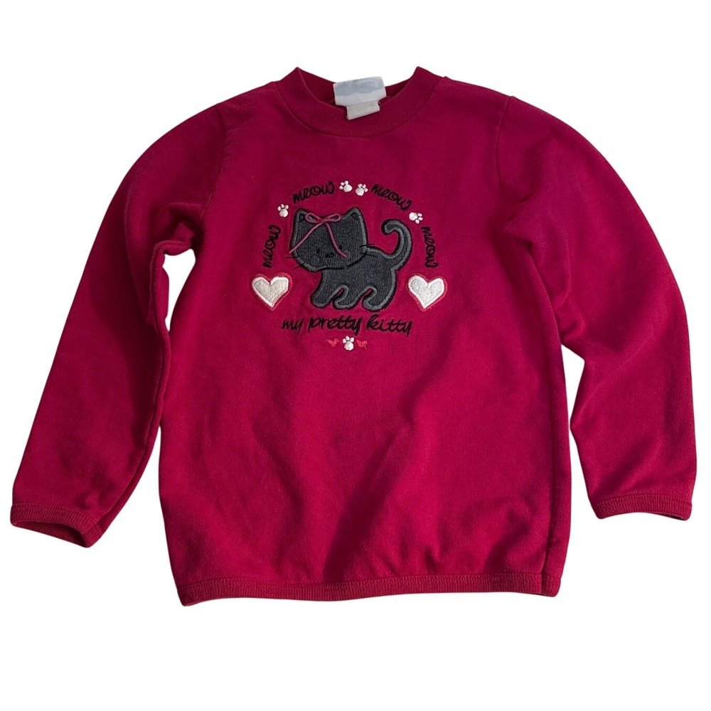 Vintage 90s Buster Brown Embroidered Heart Cat Long Sleeve Sweater Shirt Girl 4T